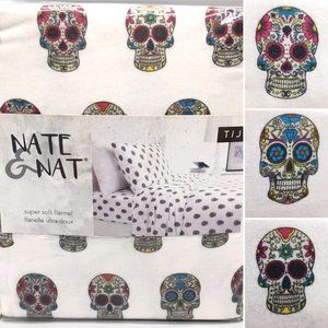3pc Nate & Nat Halloween Sugar Skulls TWIN Flannel Sheet Set Day Of The Dead NEW